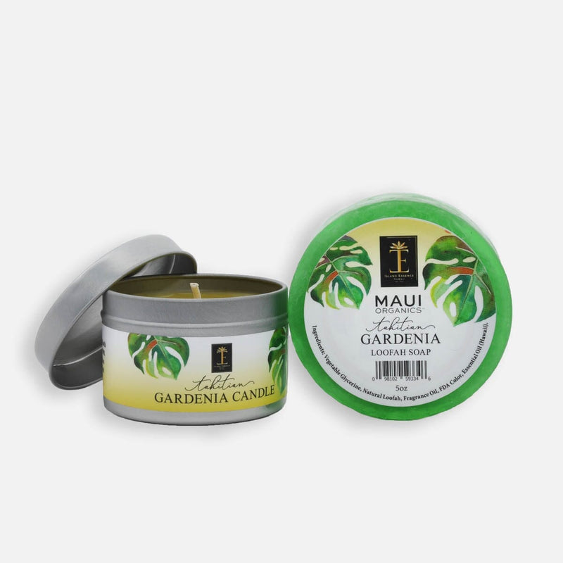 Maui Organics Loofah Soap & Candle Duo--8 Hawaiian Scents Bundle Island-Essence-Cosmetics Tahitian Gardenia 