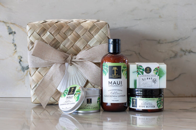 Maui Organics Lauhala Gift Basket 5 Varieties Bundle Island-Essence-Cosmetics Tahitian Gardenia 