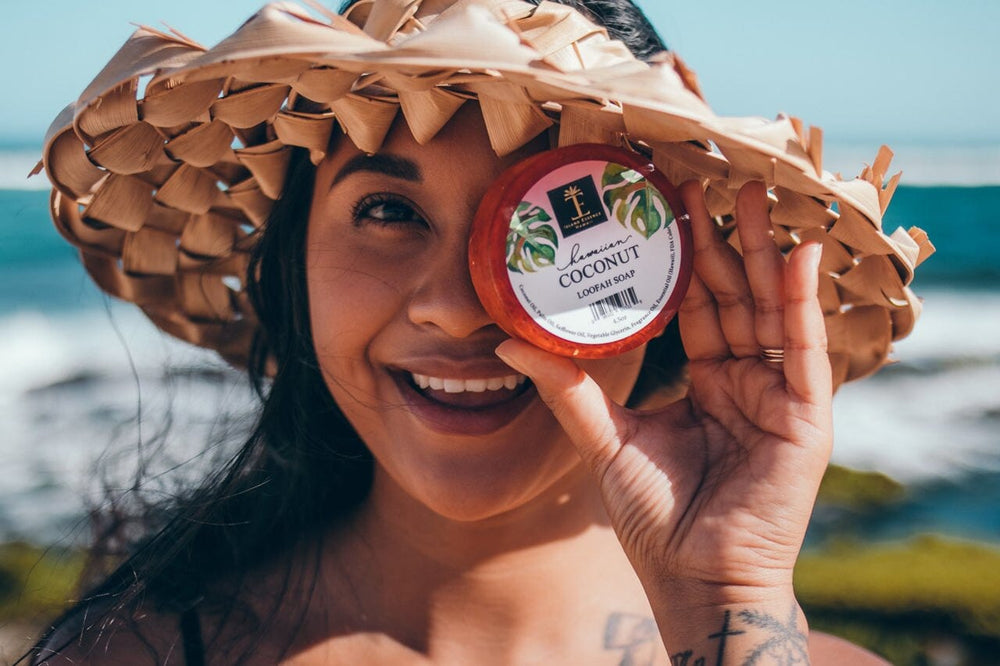 Girl in Beach Hat Holds Loofah Soap