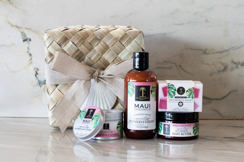 Maui Organics Lauhala Gift Basket 5 Varieties Bundle Island-Essence-Cosmetics Upcountry Plumeria 