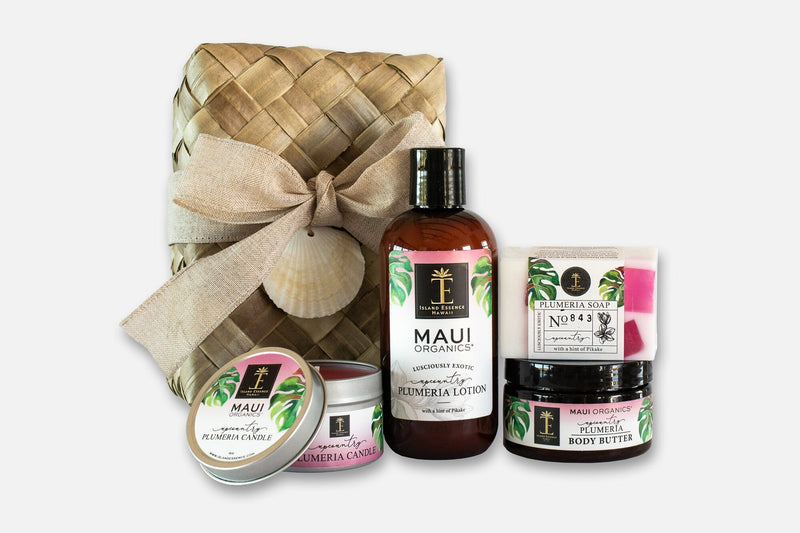Maui Organics Lauhala Gift Basket Bundle Island-Essence-Cosmetics Upcountry Plumeria 