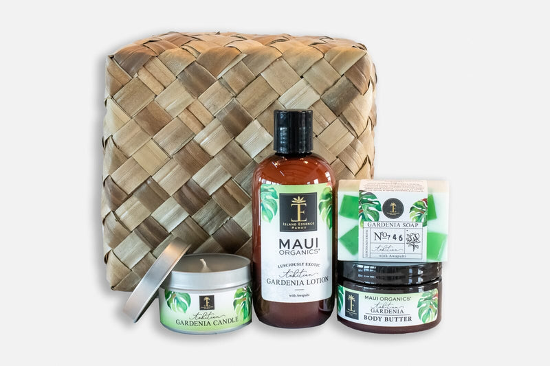 Maui Organics Lauhala Gift Basket 8 Varieties Bundle Island-Essence-Cosmetics Tahitian Gardenia 