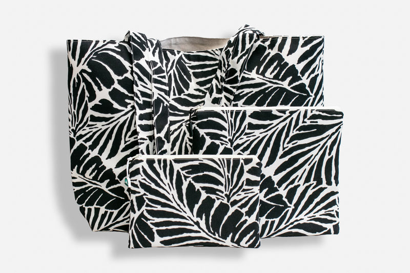 Oneloa Black Tropical Leaf Bags--Made on Maui bags Island-Essence-Cosmetics 