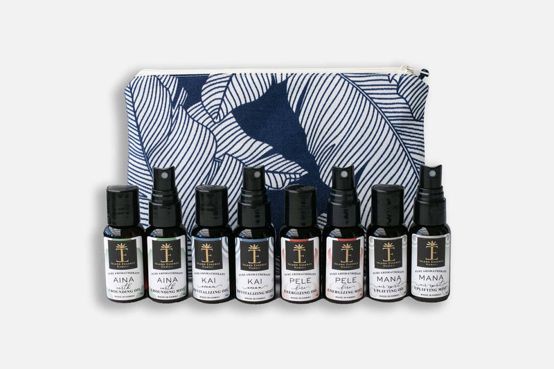 Hawaiian Aromatherapy Travel Collection in an Oneloa Wet/Dry Bag Bundle Island-Essence-Cosmetics Royal Blue Banana Leaf 