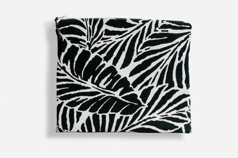 Oneloa Black Tropical Leaf Bags--Made on Maui bags Island-Essence-Cosmetics Large Bag 9"x11" 