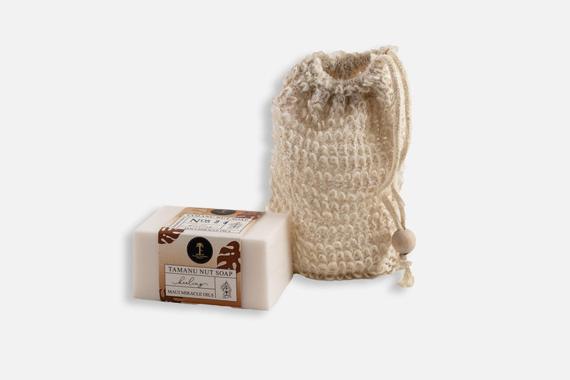 Sisal Soap Saver and Maui Miracle Handcrafted Soap Bundle Island Essence Tamanu Healing 