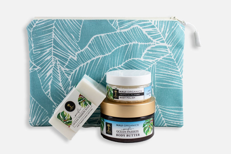 Ocean Passion Body Butter, Confetti Soap and Body Polish in a Teal Oneloa Bag Bundle Island Essence 