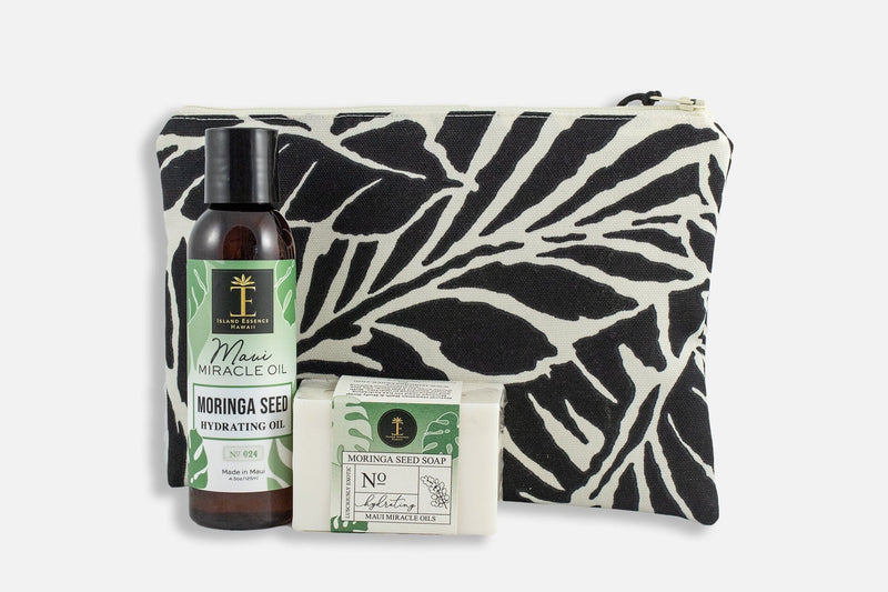 Moringa Seed Oil & Soap Gift Collection with Bag Bundle Island-Essence-Cosmetics Black & White Tropical Leaf 