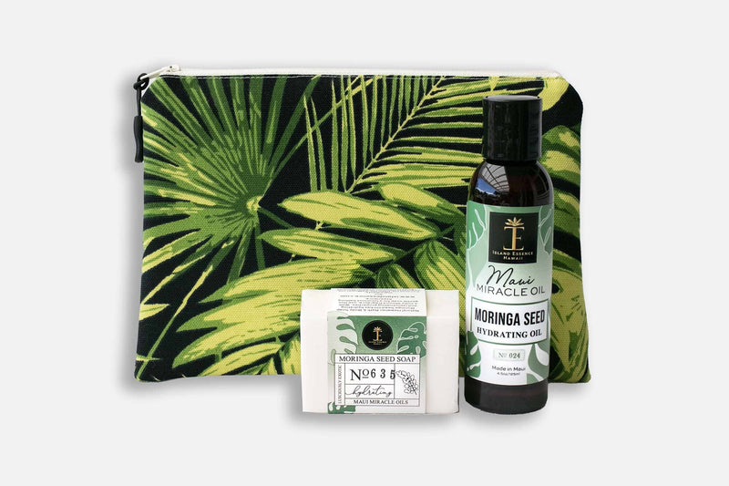 Moringa Seed Oil & Soap Gift Collection with Bag Bundle Island-Essence-Cosmetics Green & Black Tropical Leaf 