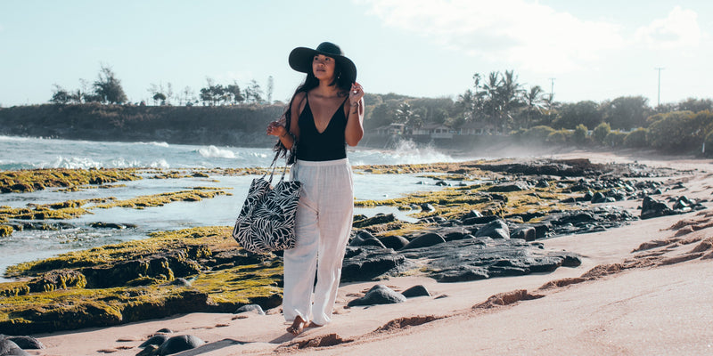 Oneloa Black Tropical Leaf Bags--Made on Maui bags Island-Essence-Cosmetics 